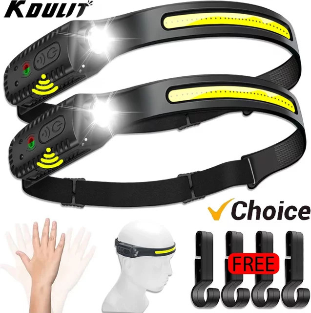 KDULIT USB-aufladbare LED-Stirnlampe mit XPE und COB sowie Bewegungssensor in Schwarz für Camping und Angeln - Bild 1