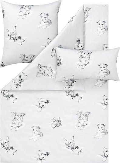 Estella Bettwäsche Mako-Satin Dogs in Weiß mit Tiermotiv aus Baumwolle - Bild 1