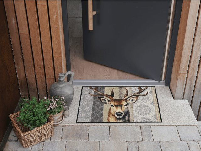 Rutschhemmende Fußmatte Salonloewe mit Hirsch-Motiv in Grau/Mehrfarbig, B: 100 cm, T: 75 cm - Bild 1