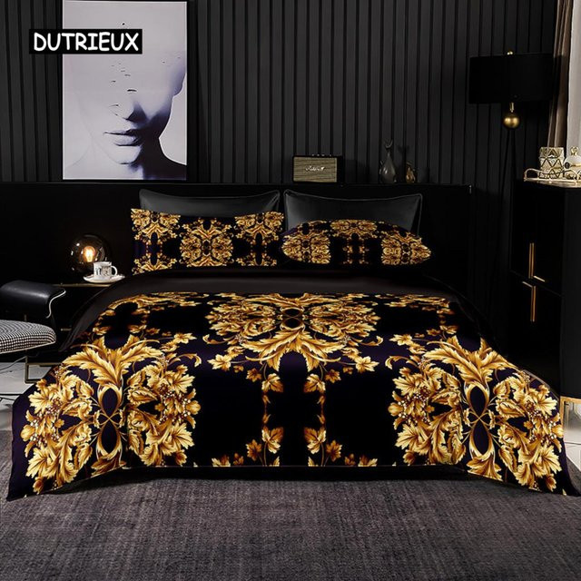 Bettwäsche-Set Binchi Outdoor Product mit Blumenmuster in Schwarz-Gold, bestehend aus Bettbezug und Kissenbezügen aus Mikrofaser, B/H: 172 x 218 cm - Bild 1