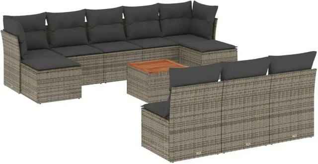 vidaXL 11-tlg. Garten-Sofagarnitur in U-Form aus grauem PE-Rattan mit Kissen und Akazienholz-Elementen - Bild 1