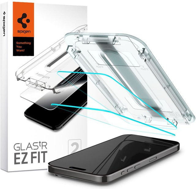 Spigen GlasR EZ FIT Schutzfolie aus gehärtetem Glas für Apple iPhone 15 Pro Max, transparent, 2er-Set - Bild 1