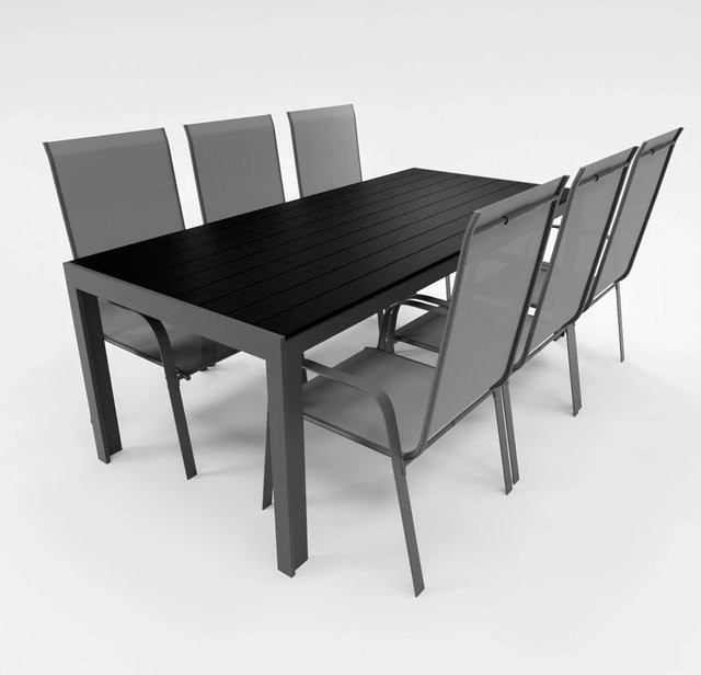 Lex Gartenmöbel Set 7-teilig mit Aluminium Tisch und 6 Stapelsesseln in Anthrazit und Schwarz - Bild 1