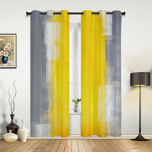 Abstrakte Vorhänge mit geometrischem Ölgemälde-Design in Gelb und Grau, halbtransparentes Fensterdekoration für Wohnzimmer, Schlafzimmer oder Küche, Breite: 135 cm, Höhe: 60 cm - Bild 1