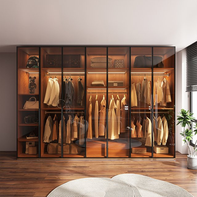 Moderner Eck-Glaskleiderschrank MLG in Braun mit integrierter Beleuchtung und Kleiderstange für dein Schlafzimmer - Bild 1