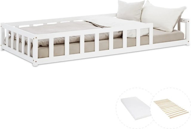 Homestyle4u Kinderbett aus Kiefernholz in Weiß mit Rausfallschutz, Lattenrost und Matratze, Bodenbett B/T/H: 90 x 200 cm - Bild 1