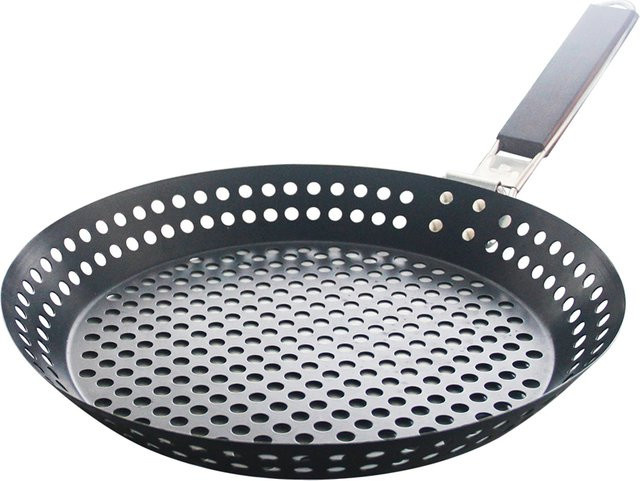 Antihaft Grillpfanne aus Metall mit klappbarem Holzgriff und abnehmbaren Löchern in Schwarz, Durchmesser: 30,5 cm - Bild 1