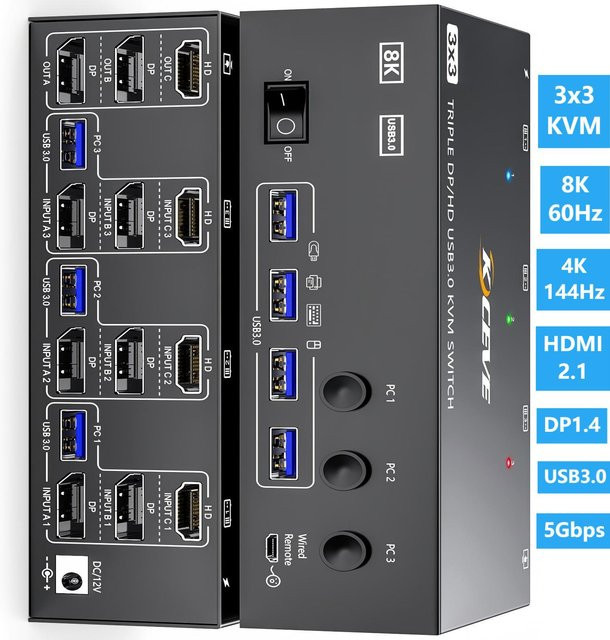 AIMOS KVM-Switch für 3 Computer und bis zu 3 Monitore mit 8K bei 60 Hz, HDMI und DisplayPort, Mixed Display Support, 4 USB 3.0 Anschlüsse, Schwarz - Bild 1