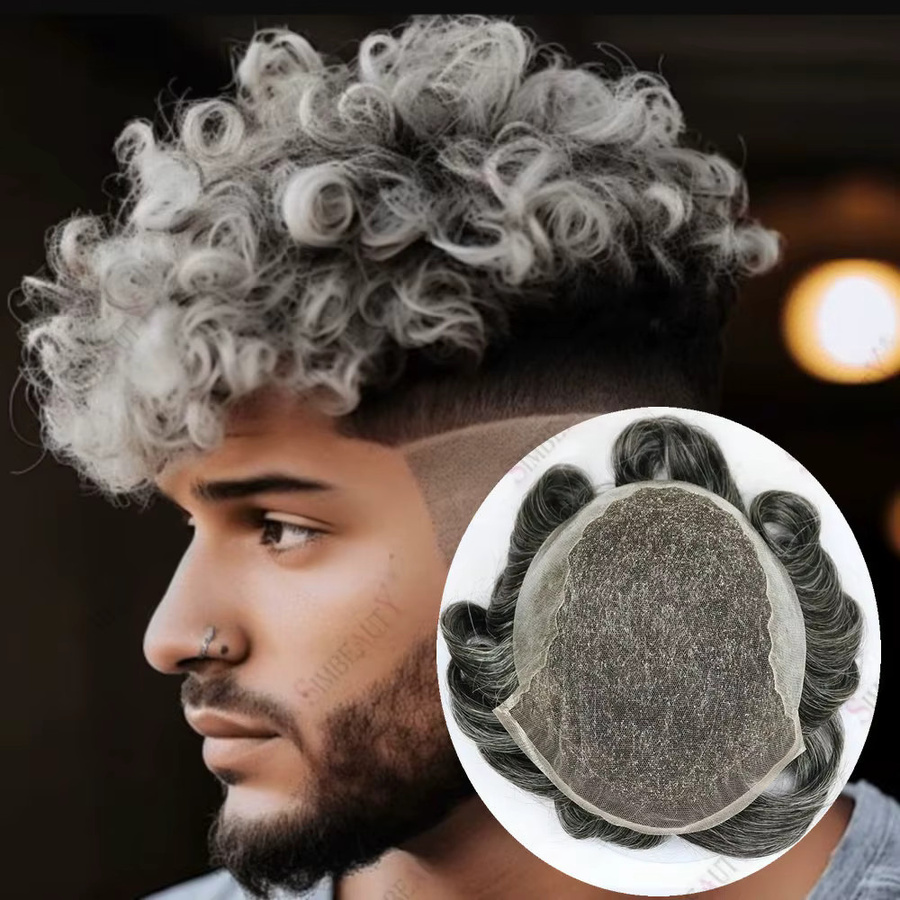 simbeauty Lockiges Q6 Swiss Lace Front Toupet für Herren, Grau-Schwarz, Echthaar - Bild 3