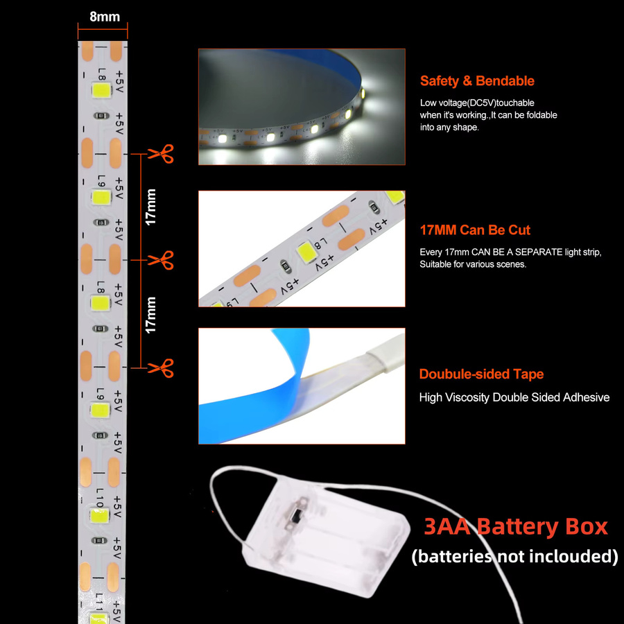 XUNATA LED-Streifenlicht SMD2835 mit 60 LEDs, 5V Batteriebetrieb, flexibles LED-Band mit Klebeband für TV-Hintergrundbeleuchtung und Schranklampe - Bild 5