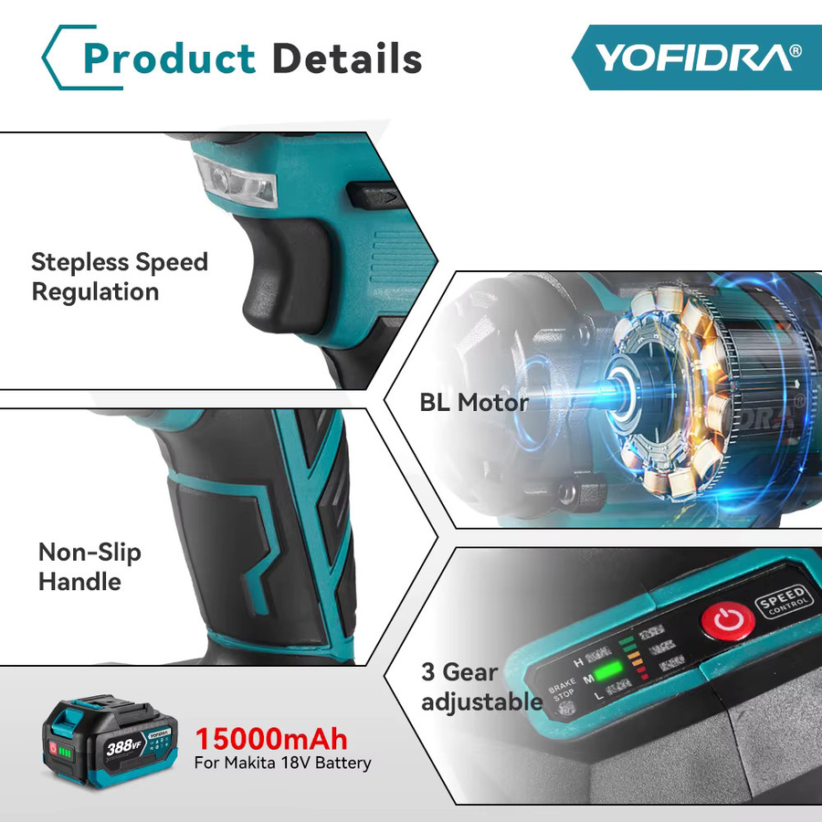 YOFIDRA Bürstenloser elektrischer Schlagschrauber 1500 W mit 1000 N.m Drehmoment, 1/2 Zoll Akkuschrauber und Bohrer Set, kompatibel mit Makita 18-21 V Akku - Bild 5