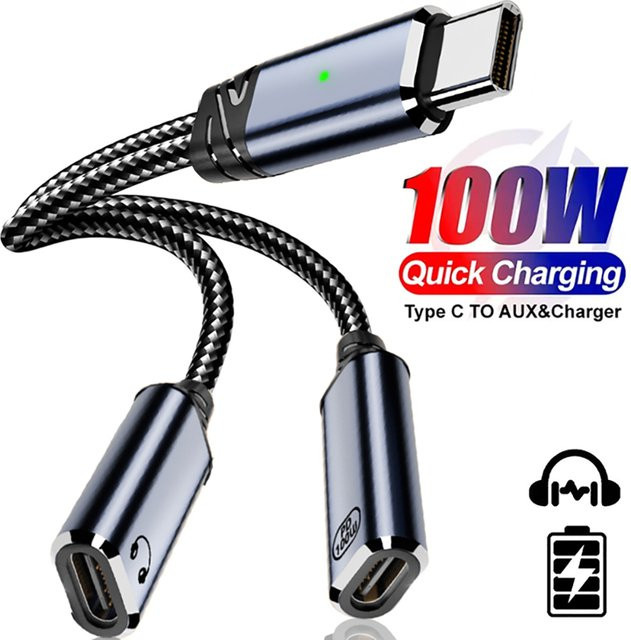 2 in 1 USB C auf 3,5 mm Klinke Audio Adapter und 100 W PD Schnellladekabel in Grau für Samsung, iPhone 16, 15, Huawei und Xiaomi - Bild 1