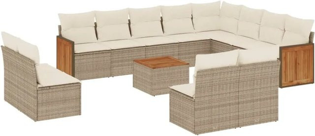 vidaXL 13-tlg. Garten-Sofagarnitur in L-Form aus Polyrattan und Akazienholz mit Kissen in Beige-creme - Bild 1