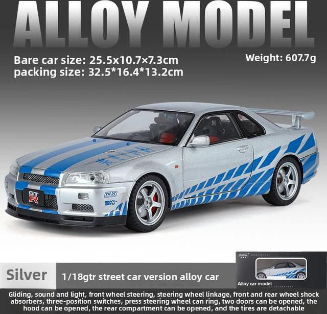 Linyi Toy Car Gt-R R34 Skyline Supercar Modellauto, 1:18, Metall, ab 14 Jahren - Bild 1