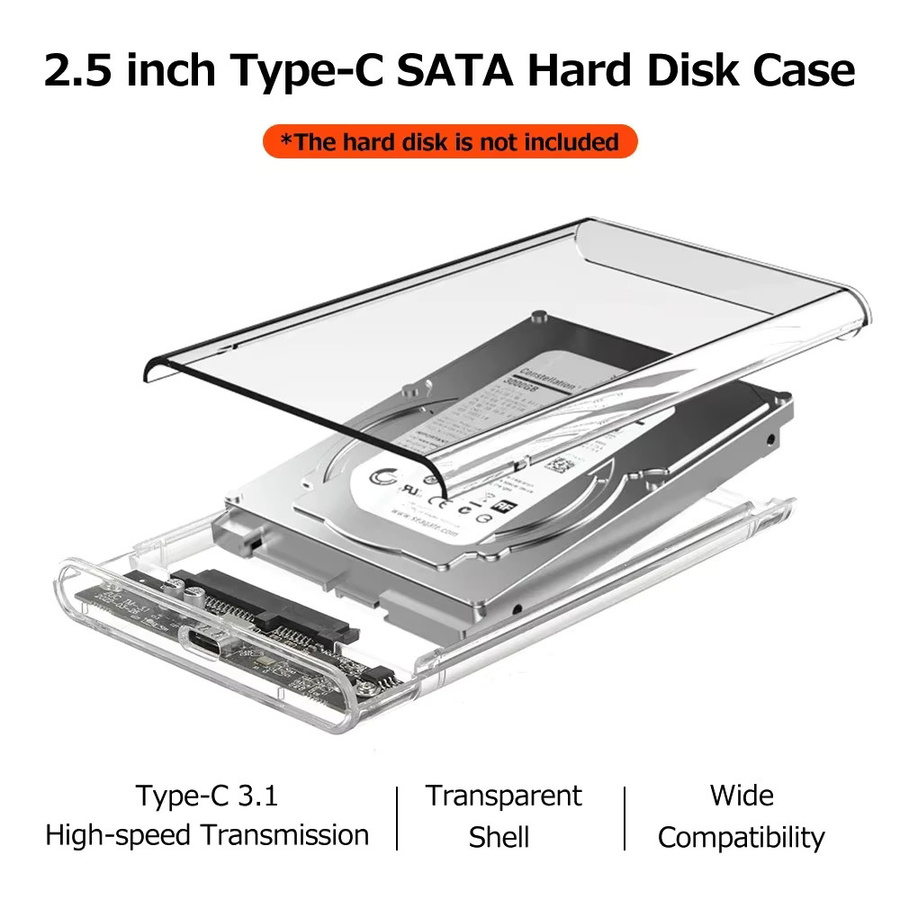 Congdi USB 3.0 HDD-Gehäuse für 2,5 Zoll SATA SSD, externes Festplattengehäuse mit USB-C und USB-A, transparent - Bild 2