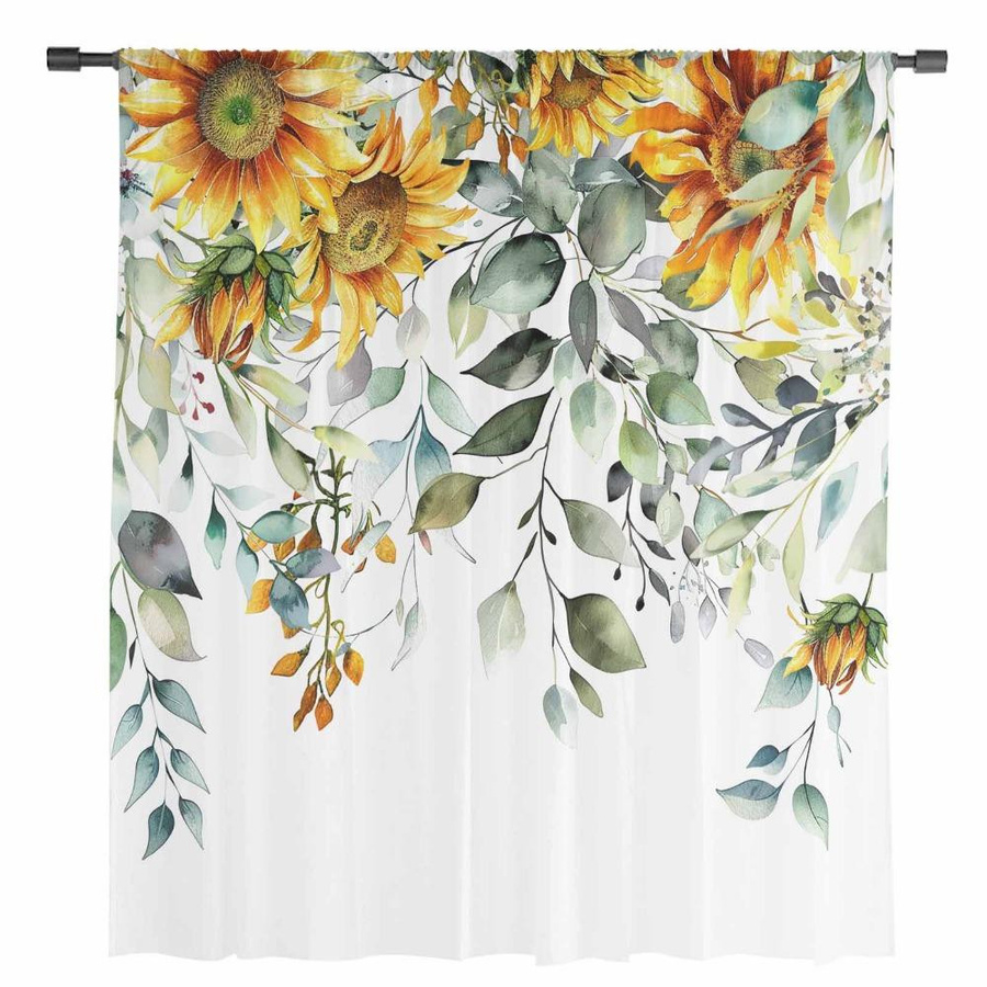 Transparente Sonnenblumen Vorhänge aus Tüll und Organza für Wohnzimmer und Küche, B: 135 cm, H: 115 cm - Bild 2