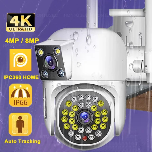 HONTUSEC IPC360 HOME 4K 8MP Dual-Objektiv WLAN PTZ Sicherheitssicherheitssamera für den Außenbereich mit Dual-Screen, Wasserdichtigkeit und Zwei-Wege-Audio in Weiß - Bild 1