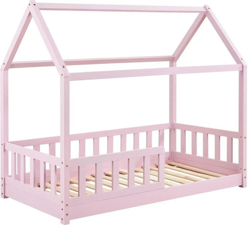 Juskys Kinderbett Marli Hausbett aus lackiertem Kiefernholz mit Dach und Rausfallschutz, Farbe Pink, B/T/H: 160 x 80 x 143 cm