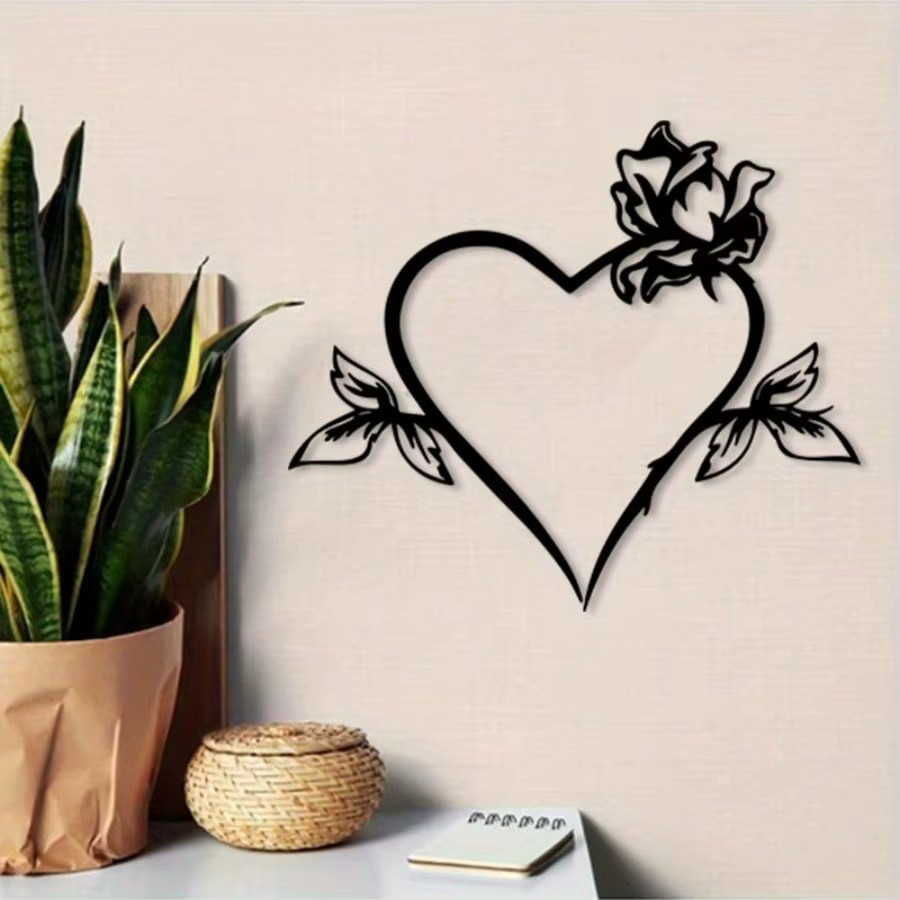 CIFBUY Vintage Wandkunst aus rostfreiem Metall mit Herz- und Blumen-Design in Schwarz - Bild 3