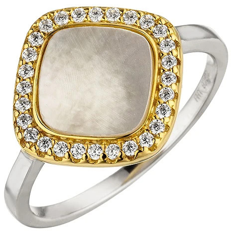 Colfem Ring 925 Silber, bicolor vergoldet, Perlmutt, Zirkonia, Damen, 56 - Bild 1