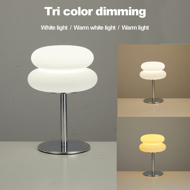 Topwinson Bauhaus Tischlampe in Weiß mit Kunststofflampenschirm, dimmbar und mit Ambientebeleuchtung für Schlafzimmer und Wohnzimmer - Bild 1