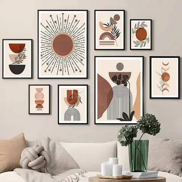 MINISO Boho Wandkunst Leinwandgemälde mit Mond, Blättern und geometrischen Formen in Multicolour - Bild 1