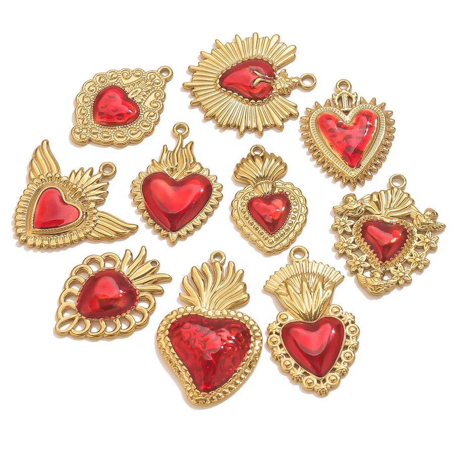 Aiovlo Charms, Edelstahl, vergoldet, rote Emaille, herzförmig - Bild 2