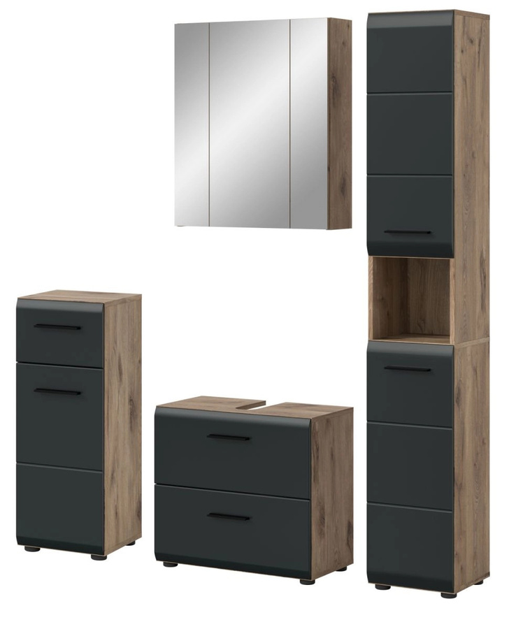 Badmöbel Set Cover 4-teilig in Schwarz und Eiche, modern und matt, mit Waschtischunterschrank, Spiegelschrank, Hochschrank und Seitenschrank, Breite: 150 cm, Höhe: 185 cm, Tiefe: 30 cm - Bild 2