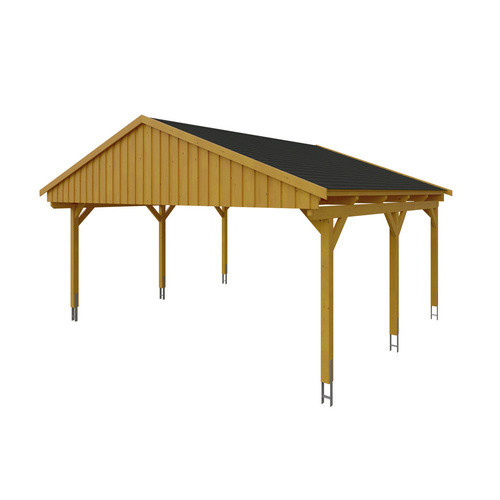 Skan Holz Carport Fichtelberg aus Fichte Leimholz in Eiche Hell mit schwarzen Dachschindeln, Breite: 618 cm, Tiefe: 566 cm, Höhe: 362 cm - Bild 3