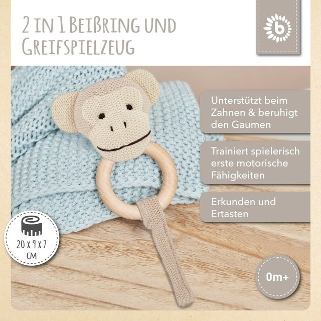 Bieco Greifling Holz Natur und Baumwolle mit Rassel Affe, ab 0 Jahre - Bild 1