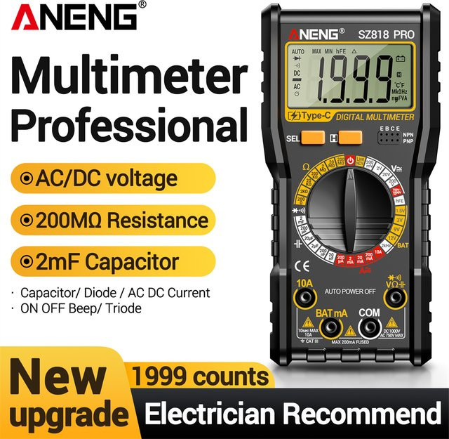 ANENG SZ818 Digitales Multimeter Wiederaufladbar Professionelles AC/DC-Spannungsmessgerät mit NCV Amperemeter Voltmeter und HFE Trioden-Kondensator-Testfunktion - Bild 1