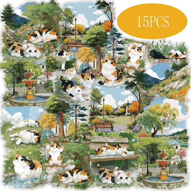 Etori Life 15-teiliges Set mit Blumen-Katzenpark-Aufklebern aus der Energetischen Waldserie in Multicolour zum Dekorieren von Notizbüchern, Laptops und Scrapbooking - Bild 1