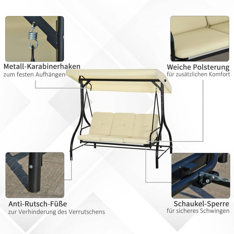 Outsunny 2 in 1 Hollywoodschaukel mit Liegefunktion und Sonnendach, 3-Sitzer Gartenschaukel aus Stahl in Beige, B/T/H: 195 x 117 x 175 cm - Bild 5