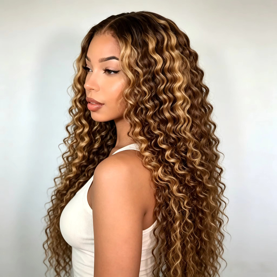 Highlight Ombre Deep Wave Lace Front Perücke aus Echthaar, 26 Zoll, Honigblonde, 200% Dichte, Damen - Bild 7