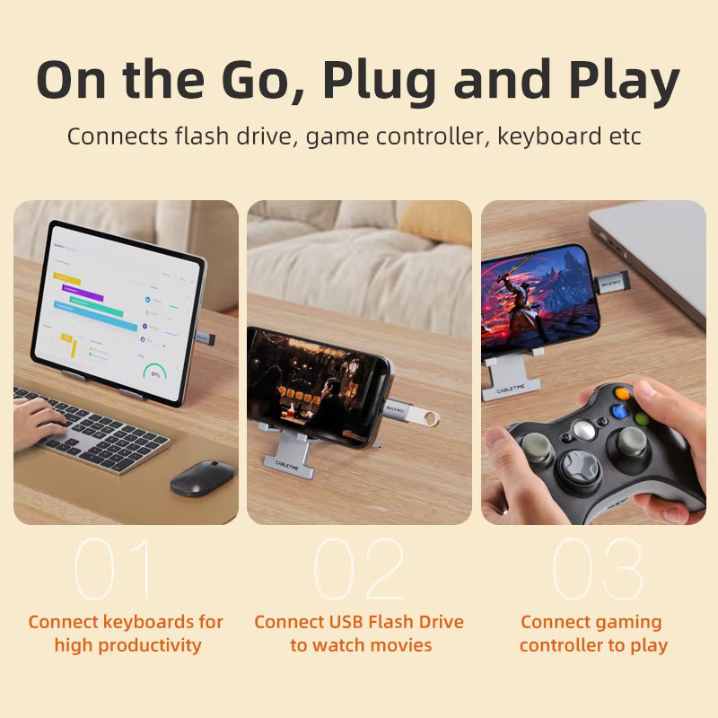 CABLETIME USB-C auf USB-A OTG-Adapter Gen 2 mit 10 Gbit/s Hochgeschwindigkeits-Datenübertragung in Silber - Bild 3