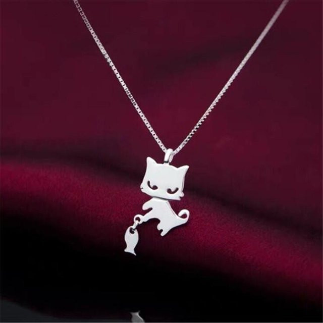 Wucifang Jewelry Halskette, 925 Sterling Silber, Kätzchen und Fisch, Damen - Bild 1