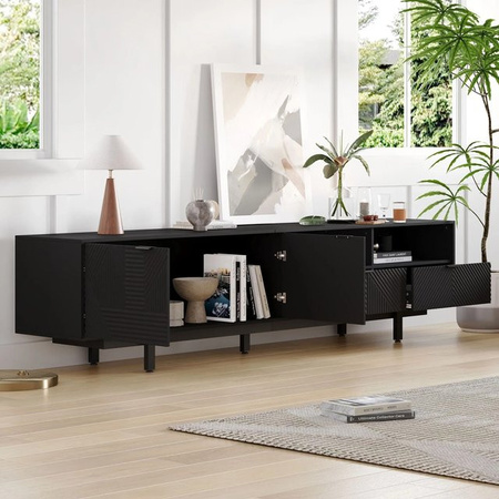Merax TV Lowboard in Schwarz und Holz mit geometrischem Design für 90 Zoll Fernseher, B/T/H: 200 x 40 x 51 cm