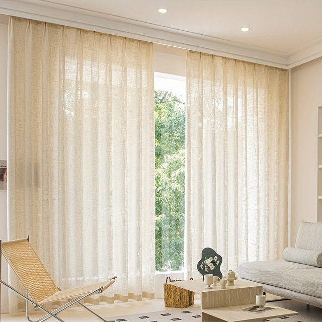 CENTURyMiG Minimalistischer Verdickter Fenstervorhang in Beige, Halbtransparente Leinen-Gardine für Wohnzimmer, Schlafzimmer und Büro, Breite: 100 cm, Höhe: 200 cm - Bild 1