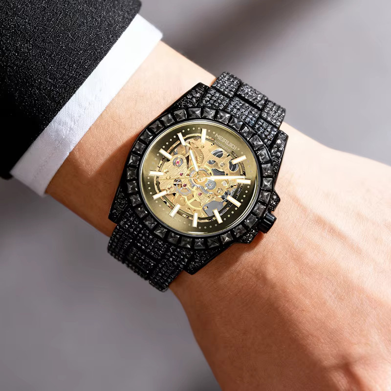 Herren Armbanduhr Automatik, Edelstahl, Gold, Zirkonia, Blau, Rund - Bild 6