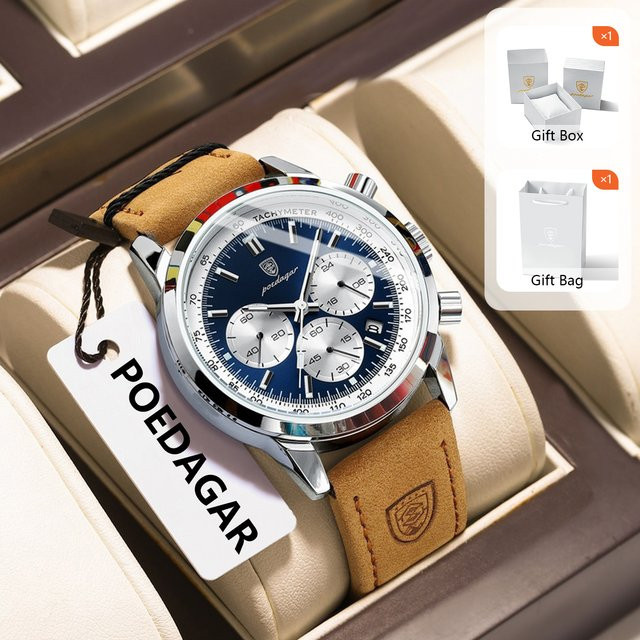 POEDAGAR Armbanduhr Chronograph, Quarz, Leder, Blau, Herren - Bild 1
