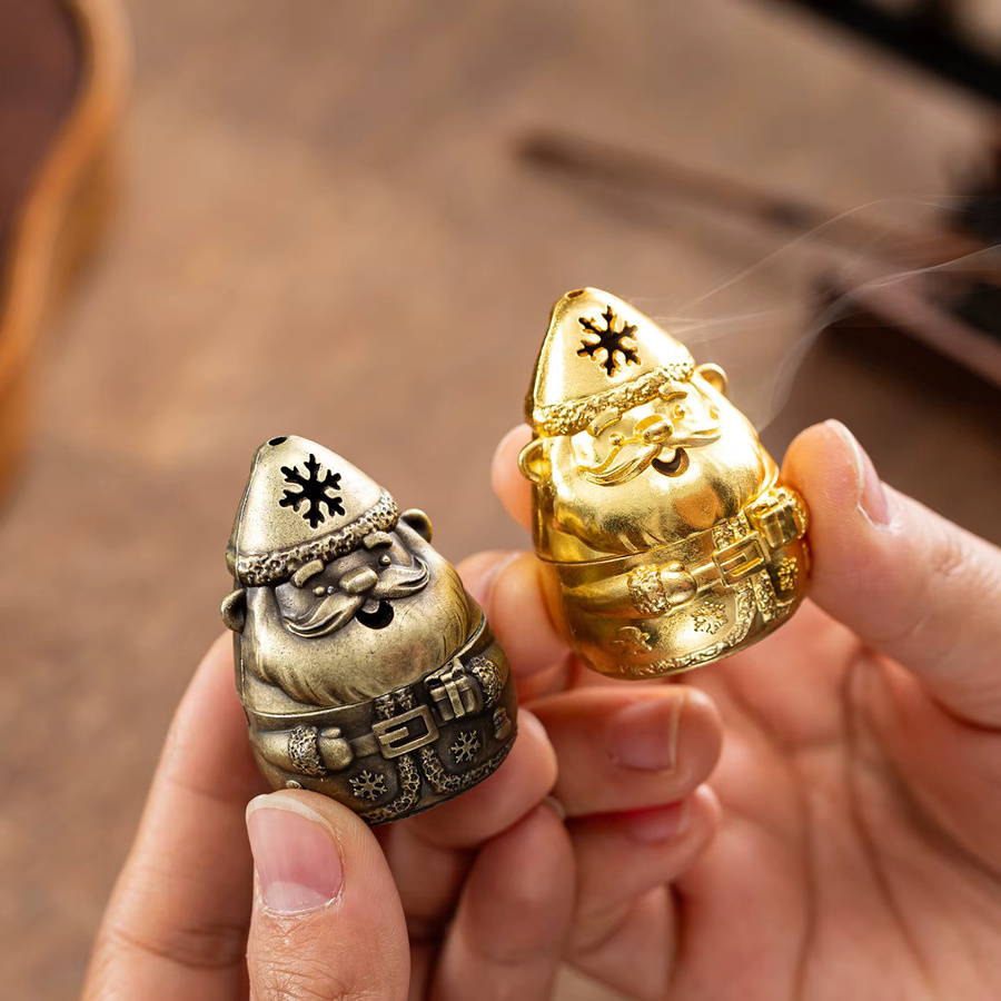 CANYAN Weihrauchbrenner mit Weihnachtsmann und Elch Ornamenten in Gold aus Holz und Metall - Bild 2