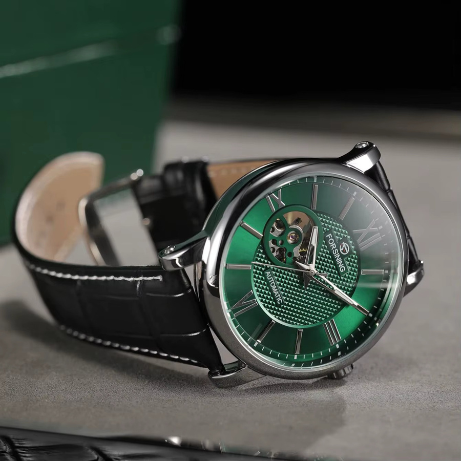Forsining Armbanduhr Automatik, grünes Skelett-Zifferblatt, Leder, Herren - Bild 2