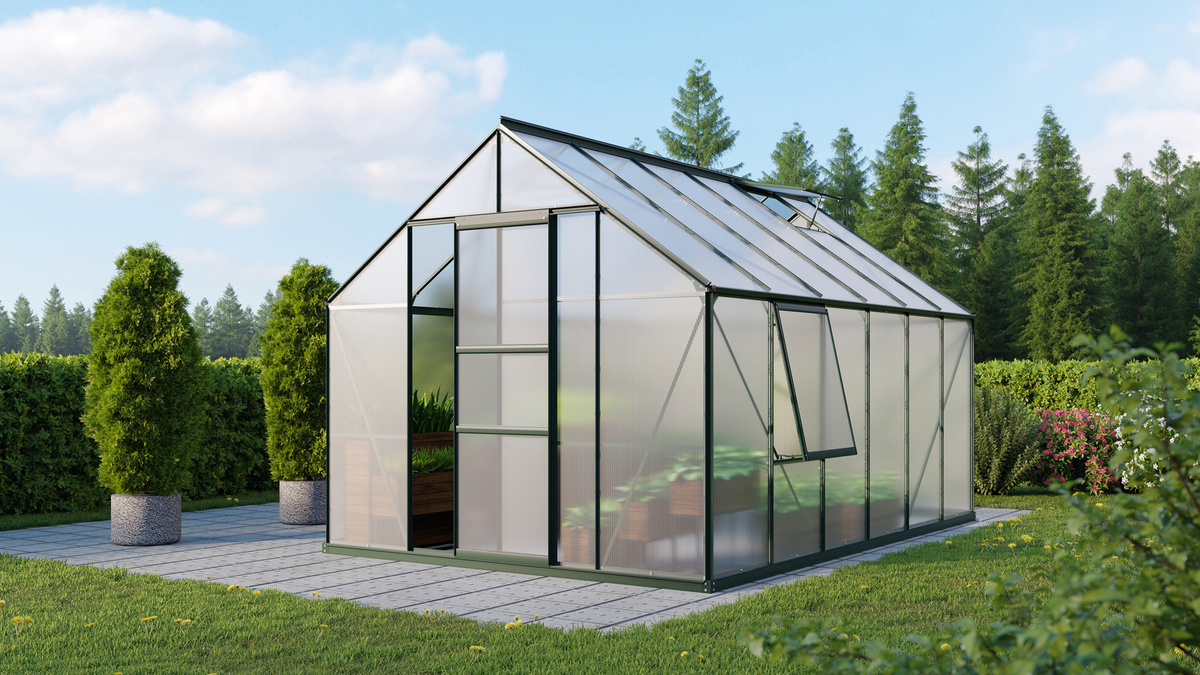 Vitavia Gewächshaus Meridian 9900 in Smaragdgrün mit Polycarbonat-Platten und Schiebetür für deine Pflanzenzucht - Bild 3
