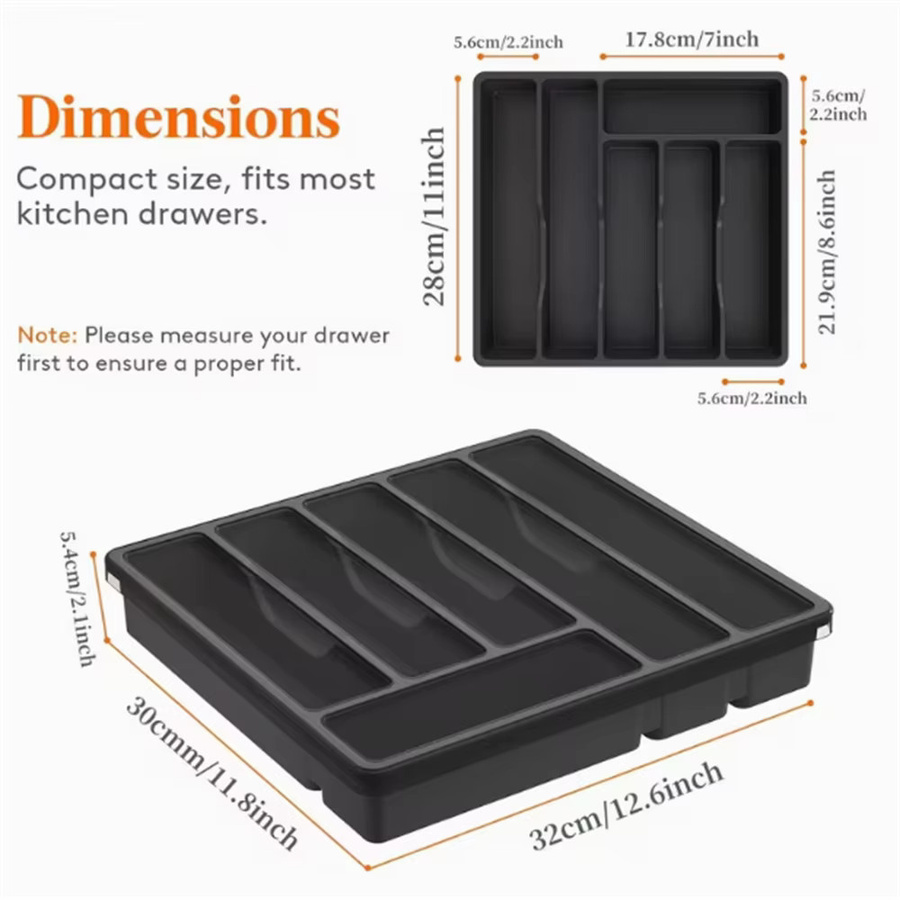 Besteckbox aus Kunststoff mit Trenner in Schwarz für Küchenschubladen und Arbeitsplatten, Breite: 32,0 cm, Höhe: 5,4 cm - Bild 3