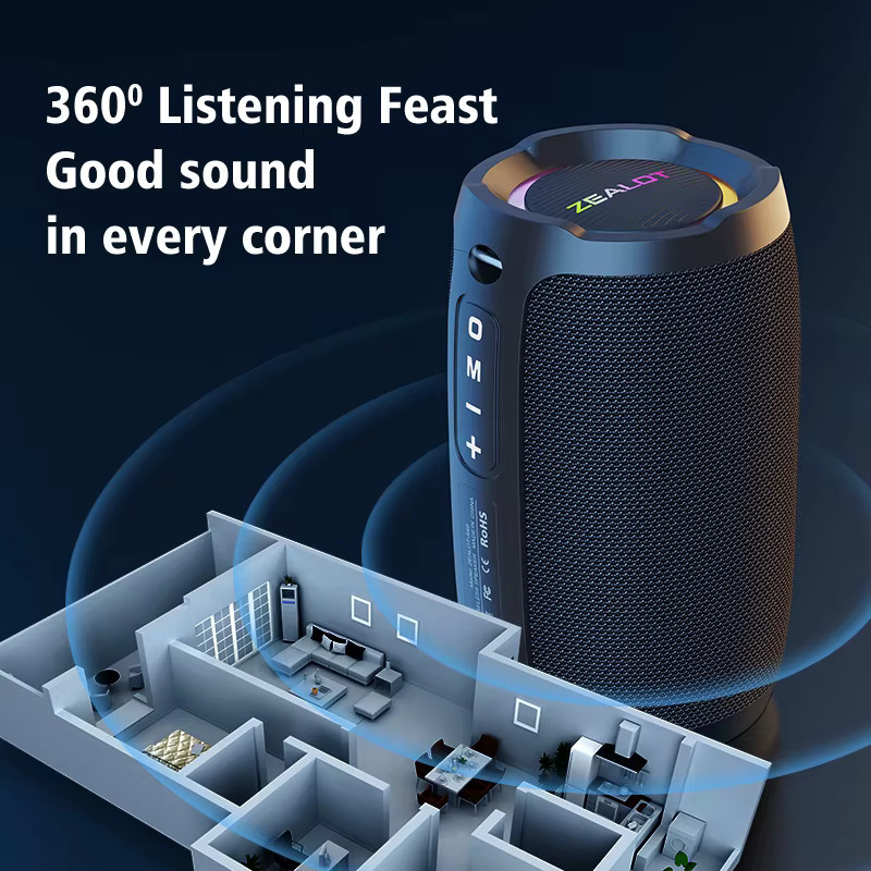 ZEALOT S49 Tragbarer Bluetooth-Lautsprecher mit 20 W, 360-Grad-Stereo-Sound, IPX6 Wasserdicht, Bluetooth 5.2, Schwarz - Bild 2