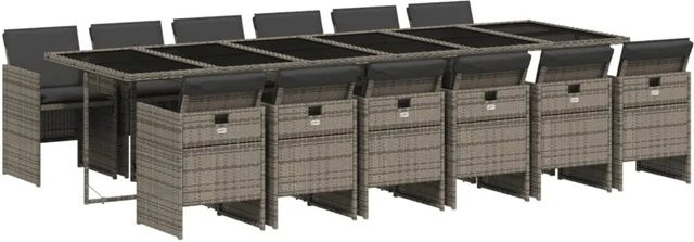 vidaXL 13-teilige Garten-Essgruppe aus Poly-Rattan in Grau mit Kissen und Hartglas-Tischplatte - Bild 1