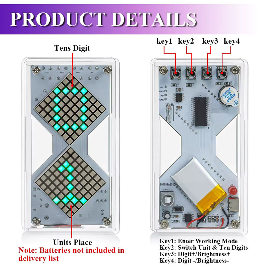 UICPAL DIY LED Dot Matrix Elektronisches Kit Sanduhr Schwerkraft-Sensing Timer in Rot - Bild 3