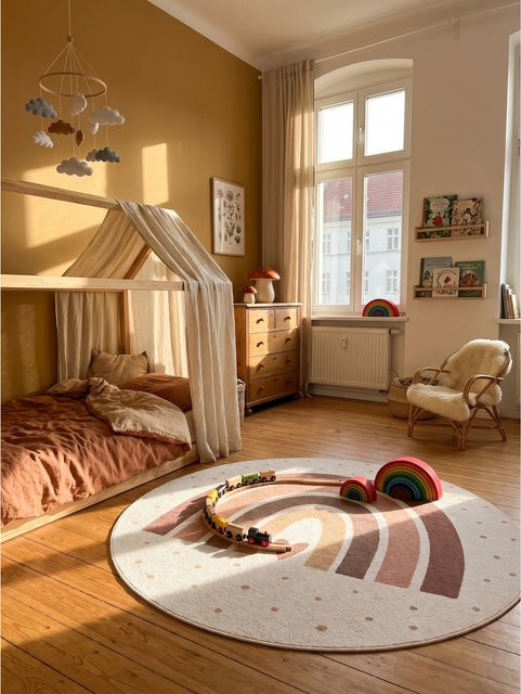 Waschbarer Kinderteppich Regenbogen mit Herz von Kadima Design in Creme, Pink und Gold, B/B: 160 x 160 cm - Bild 1