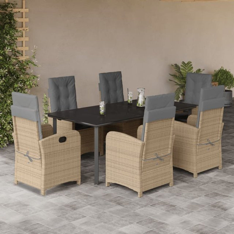 Vidaxl 7-teiliges Gartenmöbel-Set aus Polyrattan mit Kissen und Glastisch in Beige - Bild 1