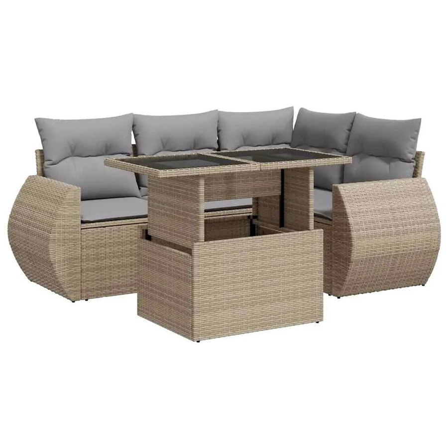 vidaXL 5-tlg. Garten-Sofagarnitur in L-Form aus Poly-Rattan in Beige-Grau mit wetterfesten Kissen und Armlehnen - Bild 2